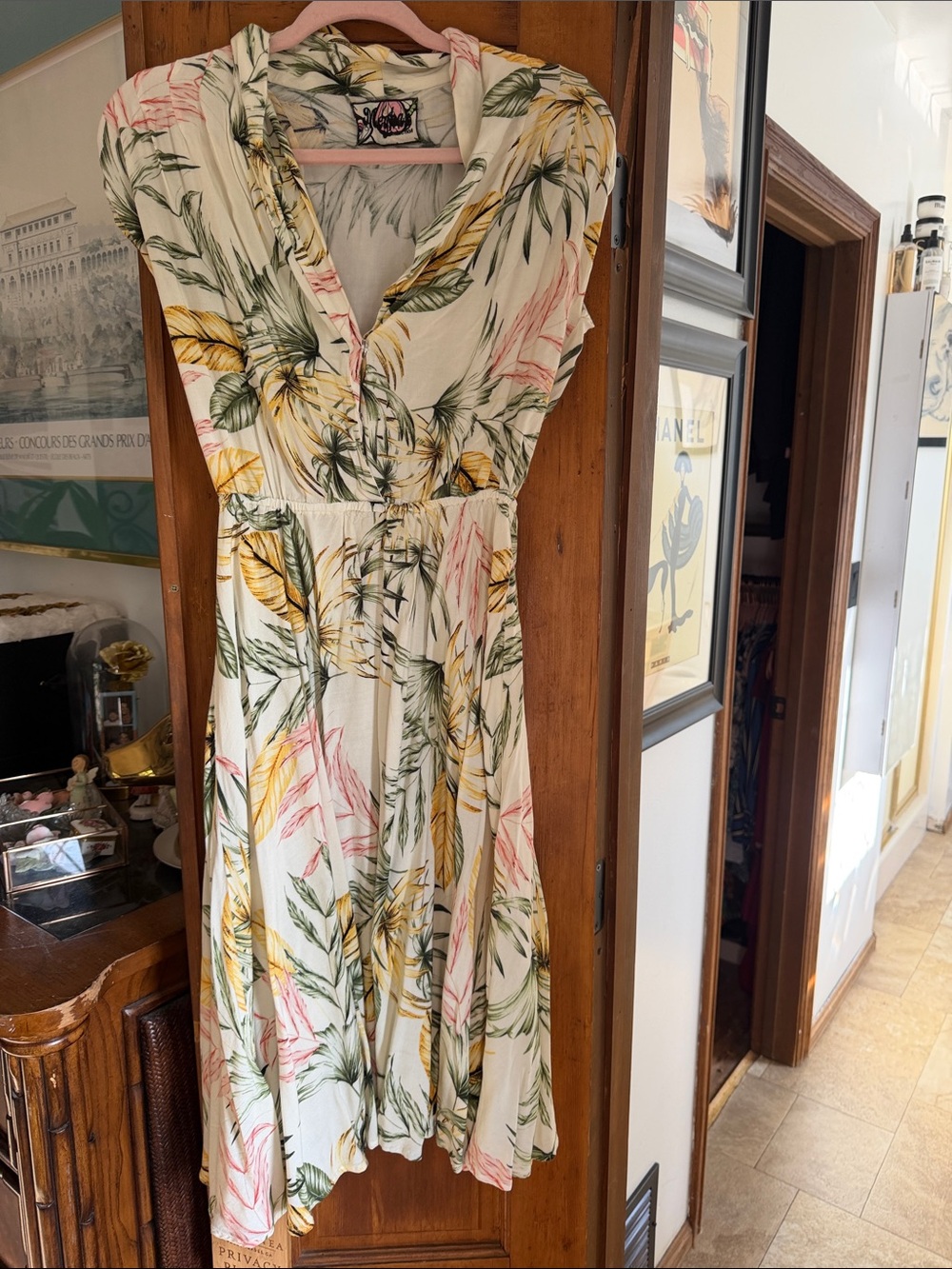 Meghan LA Cream Midi Dress with Green, Yellow and Pink Tropical Leaves